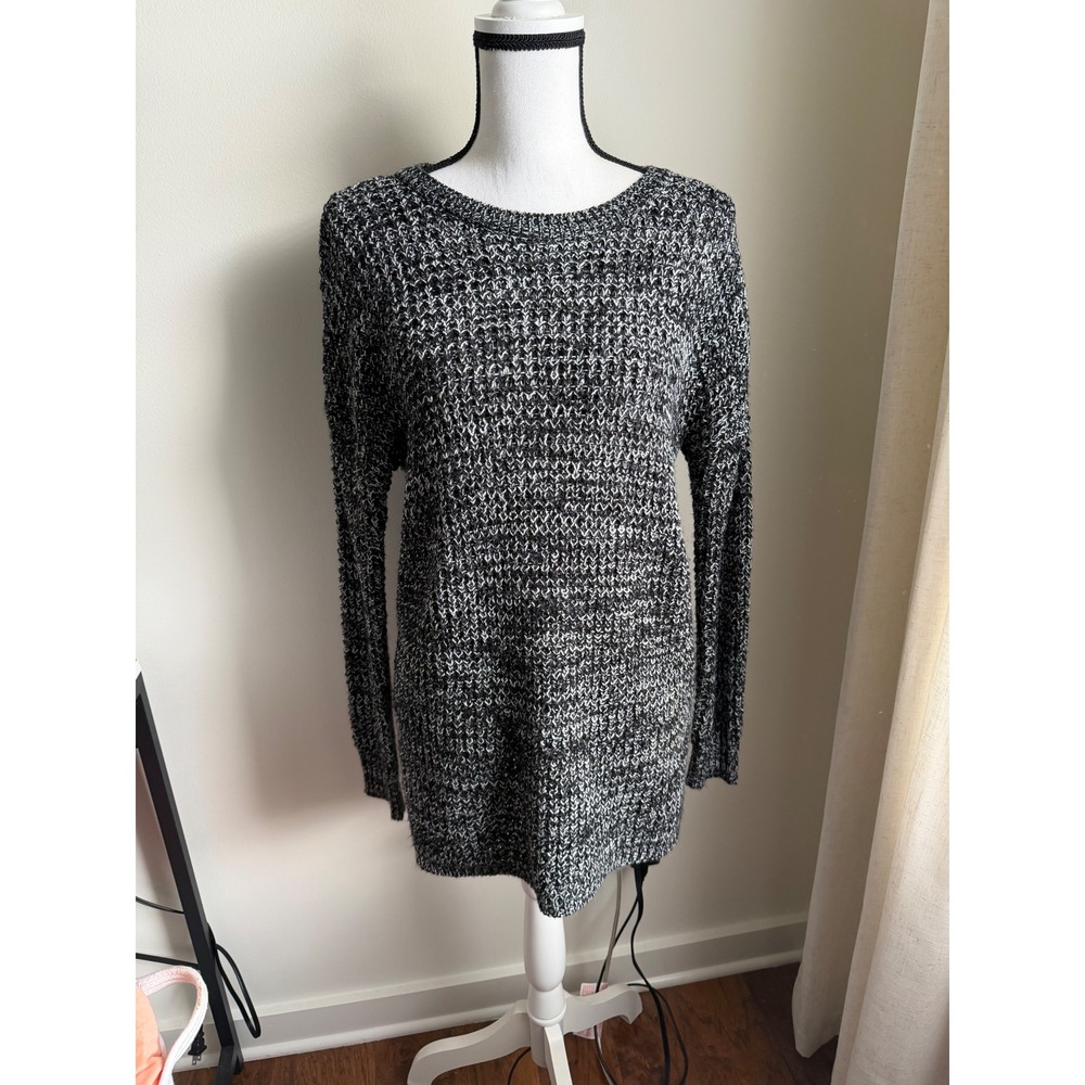 Ultra Flirt Black White Marled Knit Tunic Sweater Large Long Sleeve Crew Neck